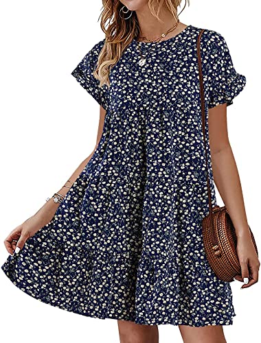 Womens Babydoll Dress Summer Boho Print Ruffles Loose Flowy Mini Dress - color: Navy, size: Medium