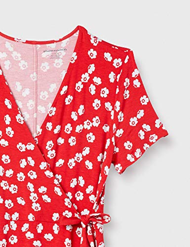 Amazon Essentials Women's Short Sleeve V Neck Faux-Wrap Dress, Fitted - color: Red Tossed Poppy, size: Small
