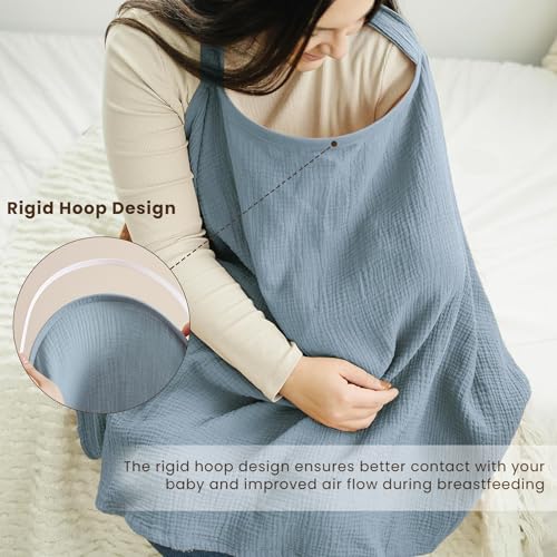 Konssy Muslin Nursing Cover Up for Breastfeeding with Rigid Hoop - color: Blue