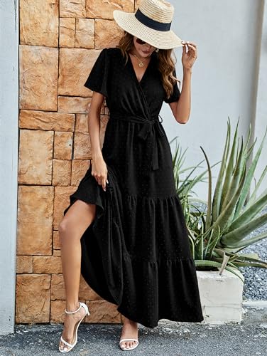MASCOMODA Womens Summer Swiss Dot Maxi Dresses Wrap Boho Floral Long Dress - color: S-black, size: Medium