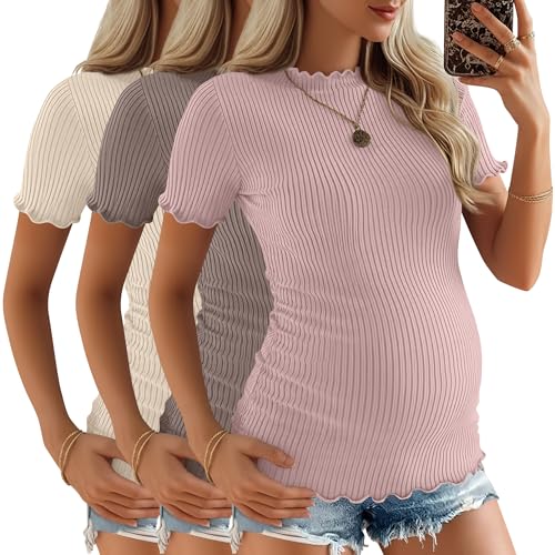3 Pack Women's Ribbed Maternity Tops - color: Dusty Rose Pink, Latte, Apricot, size: Large