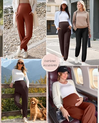 3 Pack Women's Maternity Jogger Pregnancy Sweatpants - color: Pumpkin, Dark Brown, Black, size: Medium