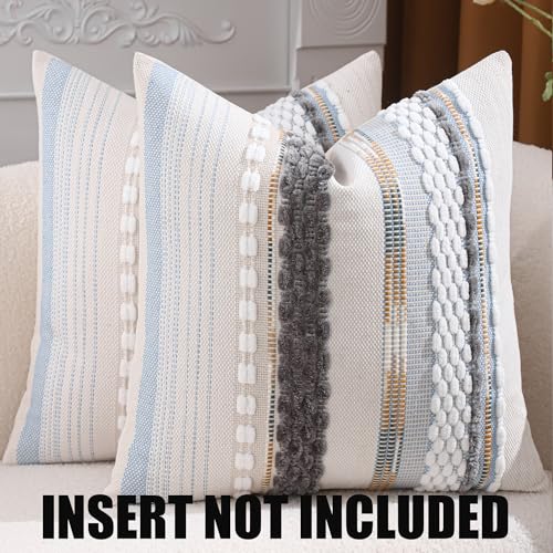 Boho Throw Pillow Covers 18x18 Set of 2 Grey Blue White - color: Grey Blue White Stripe, size: 18" x 18" (Pack of 2)
