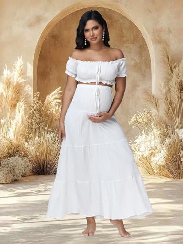 Maternity Boho 2 Piece Outfits Dress for Photoshoot Baby Shower - color: White, size: Large