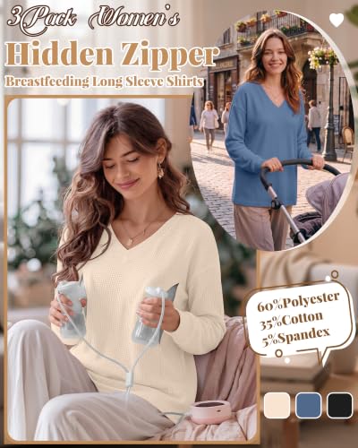 3 Pack Women's Waffle Knit Long Sleeve Nursing Tops - color: Cream, Haze Blue, Black, size: Large