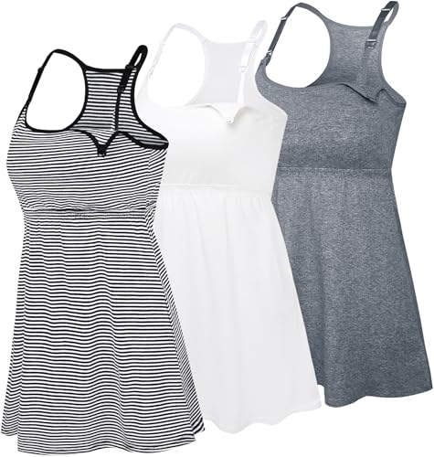 SUIEK Cotton Maternity Nursing Tank Tops with Shelf Bra Breastfeeding Camis - color: Dark Grey+black White Stripe+white 3pack, size: Large