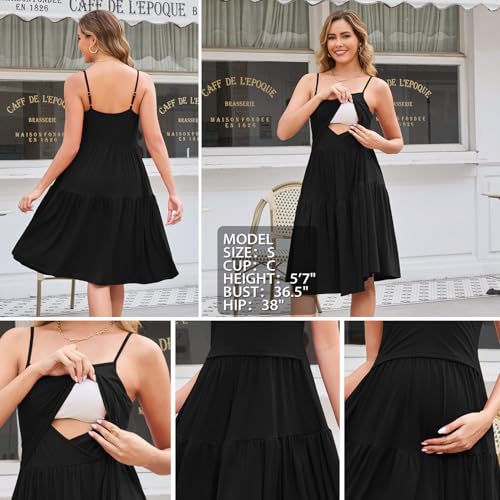 GINKANA Sleeveless Maternity Nursing Dress Summer Flowy Breastfeeding Dress - color: Black, size: Medium