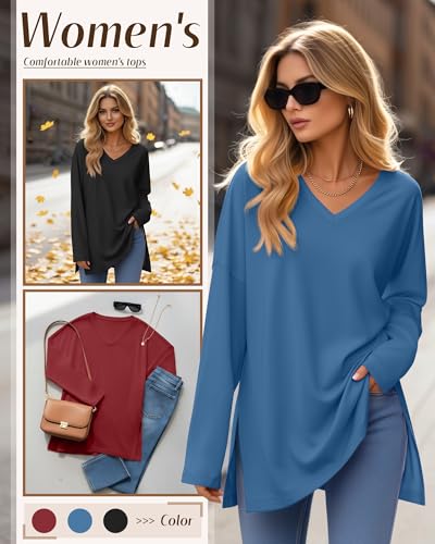 Huukeay 3 Pack Women's Oversized Long Sleeve V Neck Shirts - color: Black, Haze Blue, Wine Red, size: Small