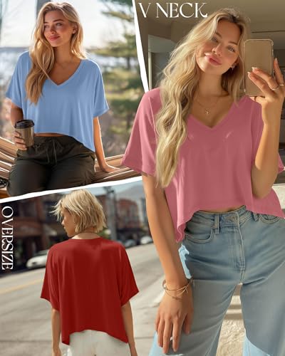 Huukeay 3 Pack Women's Oversized V Neck T Shirts - color: Blue, Coral, Orange, size: Medium
