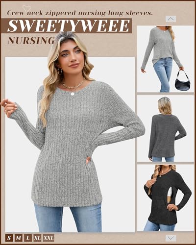 3 Pack Maternity Nursing Ribbed Long Sleeve Tops - color: Black, Gray, Light Gray, size: Large