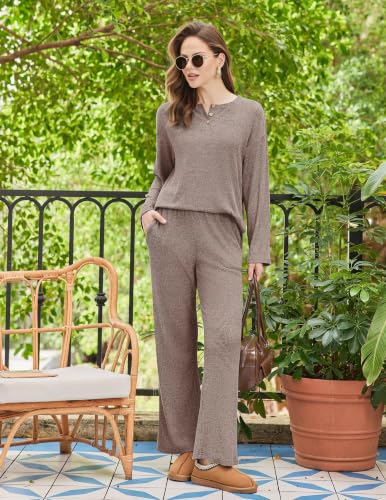 Ekouaer Womens Pajama sets Long Sleeve Cozy 2 Piece Matching Lounge Set - color: Brown, size: XX-Large