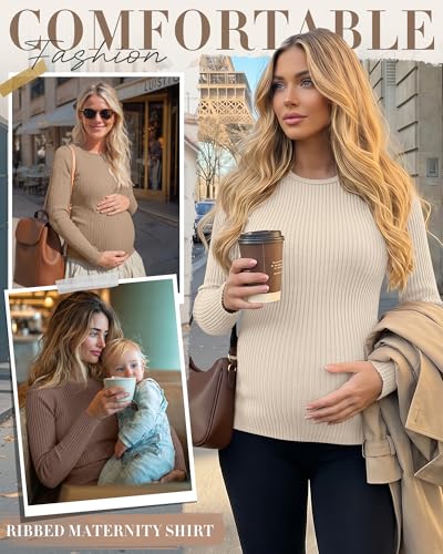 4 Pack Womens Ribbed Maternity Shirts Slim Fit Tops - color: Apricot, Khaki, Coffee, Black, size: Medium
