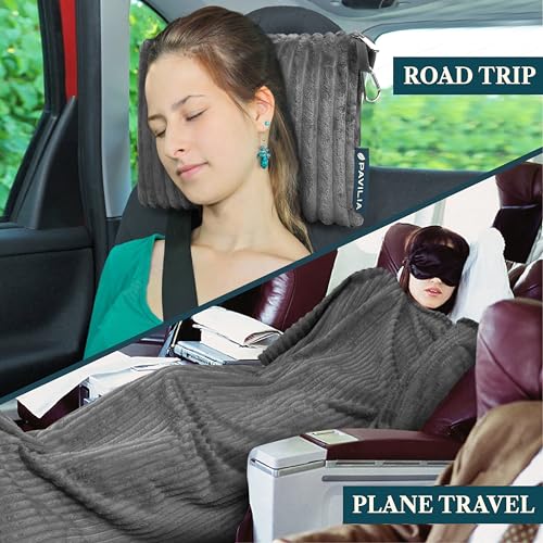 PAVILIA Travel Blanket Pillow, Soft Ribbed Fleece Airplane Blanket, Gray - color: Grey