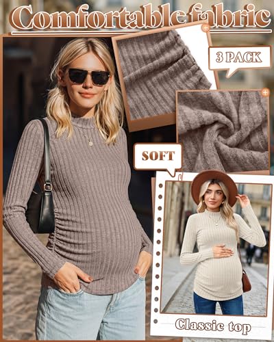 Neer 3 Pack Women's Maternity Mock Turtleneck Long Sleeve Tops - color: Khaki, Apricot, Black, size: Medium