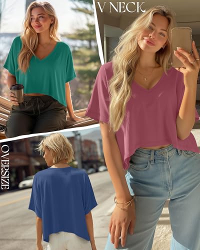 Huukeay 3 Pack Women's Oversized V Neck T Shirts - color: Berry, Dark Green, Hazy Blue, size: X-Large