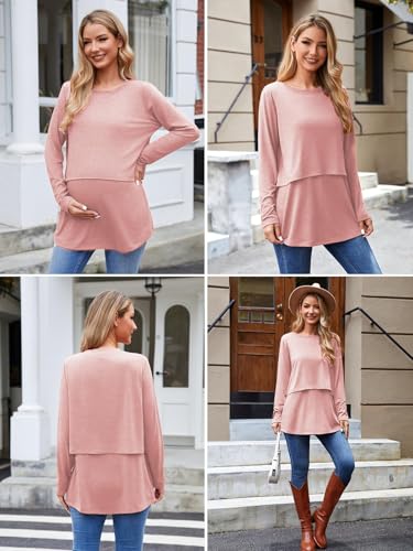 Ecavus Women's 3Pack Maternity Nursing Shirts Long Sleeve Double Layer Breastfeeding Shirts Comfy Pregnancy Clothes - color: Pink+caramel+black, size: Medium