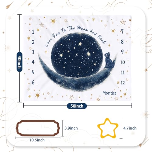 Baby Monthly Milestone Blanket for Boys and Girls - Love You to The Moon and Back Theme with Photo Props for 1-12 Months Newborn Blanket 50"x40" - color: Moon