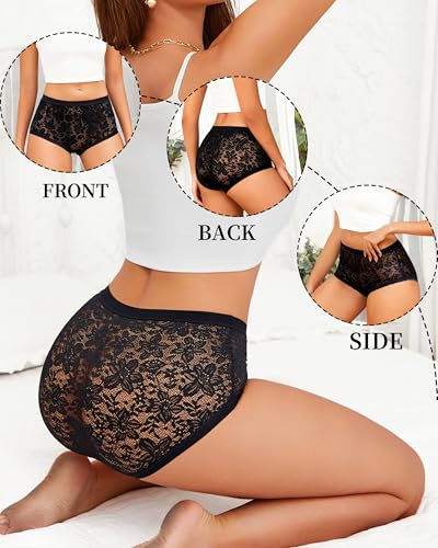 Womens High Waisted Underwear Sexy Lace Cheeky Panties Full Coverage Briefs - color: Black, size: X-Large