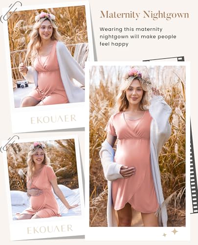 Nursing Nightgown Short Sleeve Breasfeeding Birthing Gown Maternity Dress - color: Pink, size: Large