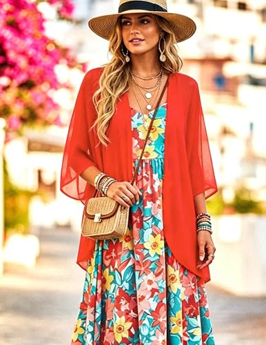 BB&KK Women's Chiffon Kimono Loose Casual Open Front Cover Ups - color: 010 Orange, size: Medium