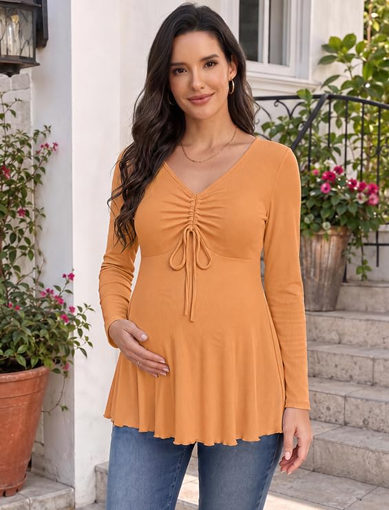 Genhoo Womens Long Sleeve Maternity Tops Ribbed V Neck Maternity Shirts - color: Caramel, size: Large