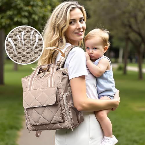 Omanmoli Diaper Bag Backpack Quilted Baby Bag Travel Breast Pump Backpack - color: Khaki