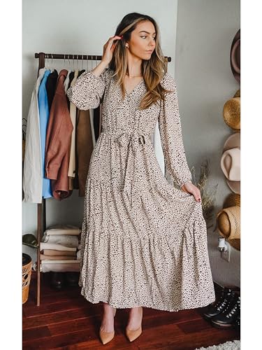 PRETTYGARDEN Womens Long Sleeve Boho Floral Wrap Maxi Dress - color: Apricot, size: Small