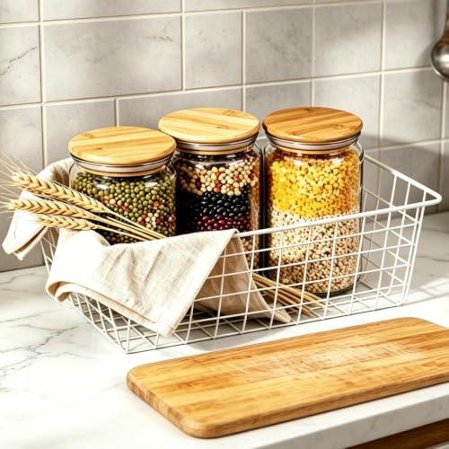 3 Pack White Wire Baskets,14.1"x10.4"x5.6", Wire Freezer Storage Organizer Bins with Handles for Cabinets, Pantry, Closets, Bedrooms - size: 14.1"x10.4"(white)