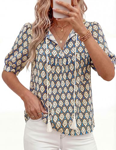 PRETTYGARDEN Womens Summer Boho Blouses Dressy Casual - color: Blue, size: Medium
