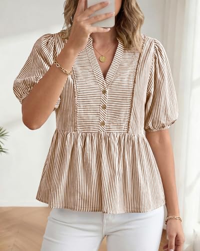 dowerme Women Lantern Sleeve Button Up Stripes Babydoll Tops - color: Brown, size: Small