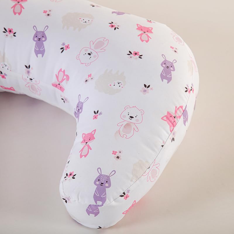 U-Shape Breastfeeding Nursing Pillow Set, 1 Insert and 2 Removable Covers - color: Pink & White Animals Party