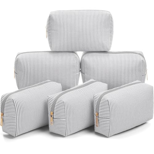 Sanwuta 6 Pcs Seersucker Cosmetic Bags Bulk, Striped Zippered,Light Grey - color: Light Grey