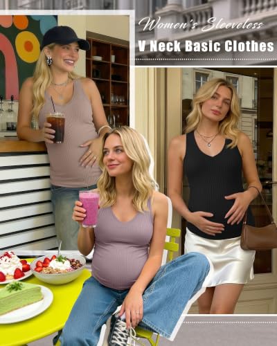 3 Pack Maternity Tank Tops Ribbed V Neck - color: Gray Purple, Khaki, Black, size: XX-Large
