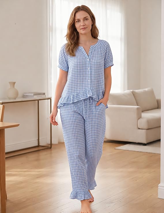 Gingham Cotton Pajamas for Women 2 Piece Cute Ruffle Plaid PJS Set Lounge - color: Blue, size: X-Large