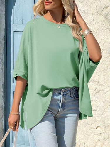 Tankaneo Womens Oversized Tshirts Batwing Short Sleeve Asymmetric Hem Tops - color: Green, size: Small