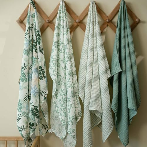Muslin Swaddle Blankets for Newborn, Cotton Receiving Blanket - color: Sage Green Leave
