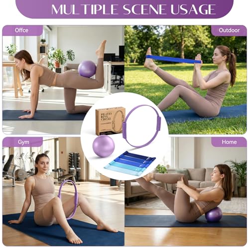 Pilates Kit, 13.5" Pilates Ring with Mini Ball & Resistance Bands - color: Purple, size: Pilates Kit