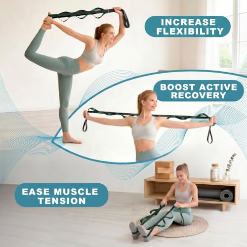 Acozycoo Stretching Strap with Loops for Physical Therapy,Knee,Calf,Back - color: Green-02, size: Length: 75 Inch, Width: 1 Inch