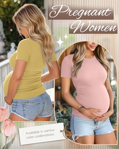 Ficerd 3 Pack Women's Short Sleeve Maternity Shirts - color: Lavender Purple, Light Pink, Bright Yellow, size: Medium