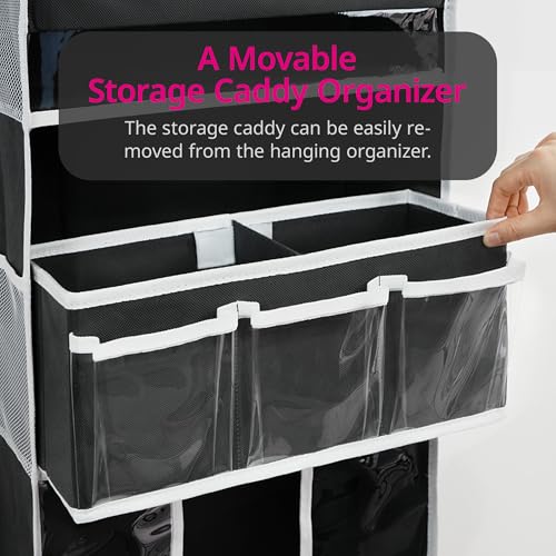 Door Hanging Storage Organizer,with 3 Bins 1 Movable Baby Diaper Caddy,1 Large capacity diaper stacking storage Organizer,10 Side Pockets ,Bedroom Door Storage for Nursery Baby Essentials. (Dark grey) - color: Dark Grey