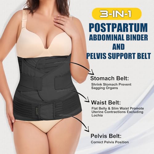 ChongErfei 3 in 1 Postpartum Belly Wrap Recovery Band Belt Abdominal Binder - color: Black, size: S/M