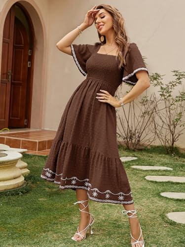 Glamaker Women's Short Sleeve Smocked Square Neck A Line Summer Flowy Maxi Long Dress - color: 01-brown, size: Medium