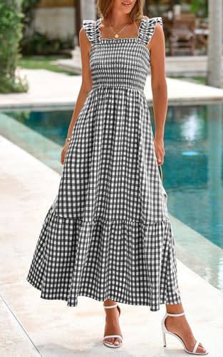 PRETTYGARDEN Women's Summer Dress Casual Ruffle Strap Gingham Midi Sundress - color: Black White, size: Small