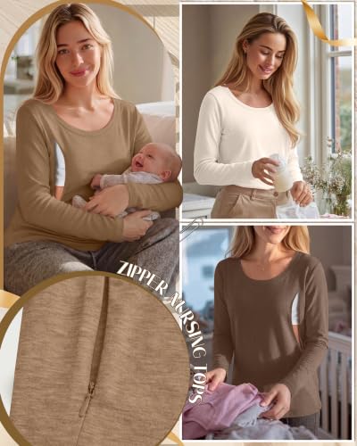 Huukeay 3 Pack Womens Nursing Tops Breastfeeding Shirts Zipper - color: Cream, Camel, Brown, size: Medium