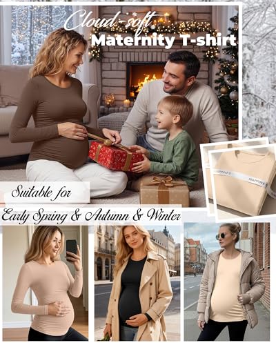 Huukeay 4 Pack Women's Maternity T-Shirts Long Sleeve Shirts - color: Black, Coffee, Khaki, Apricot, size: Small