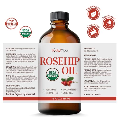 BodyJ4You Rosehip Seed Oil for Face Skin - USDA Organic Cold Pressed Pure - size: 16 Fl Oz (Pack of 1)