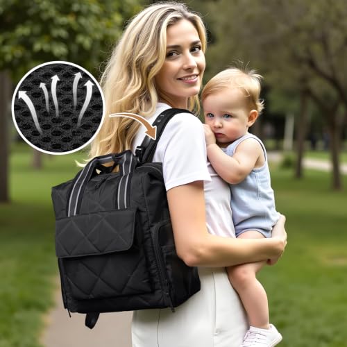 Omanmoli Diaper Bag Backpack Quilted Baby Bag Travel Breast Pump Backpack - color: Black