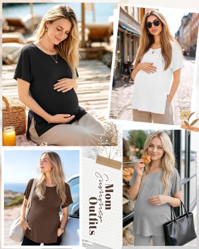 4 Pack Women Maternity T-Shirts Pregnancy Tops - color: Brown, White, Light Gray, Black, size: Medium