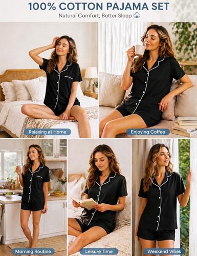 SWOMOG 100% Cotton Pajamas for Women Set, 2 Pieces Button Down Pjs Set, S-XXL - color: Black, size: Medium