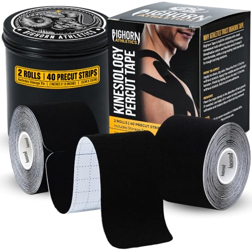 Bighorn Athletics Precut Kinesiology Tape with Tin, 40 Strips 2"×10", Black - color: Black